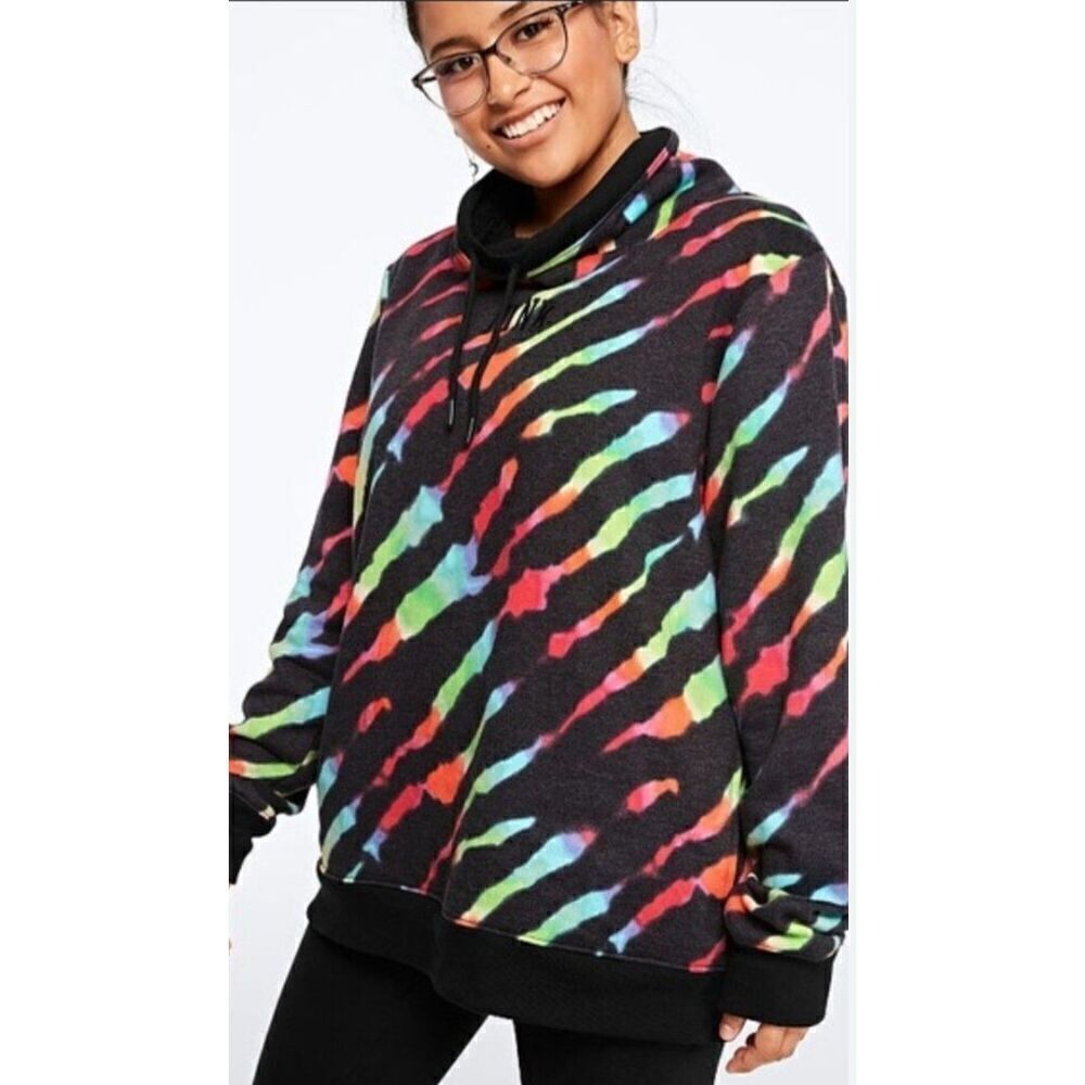 VS Pink rainbow zebra pullover cowl neck Sherpa lined size large /L